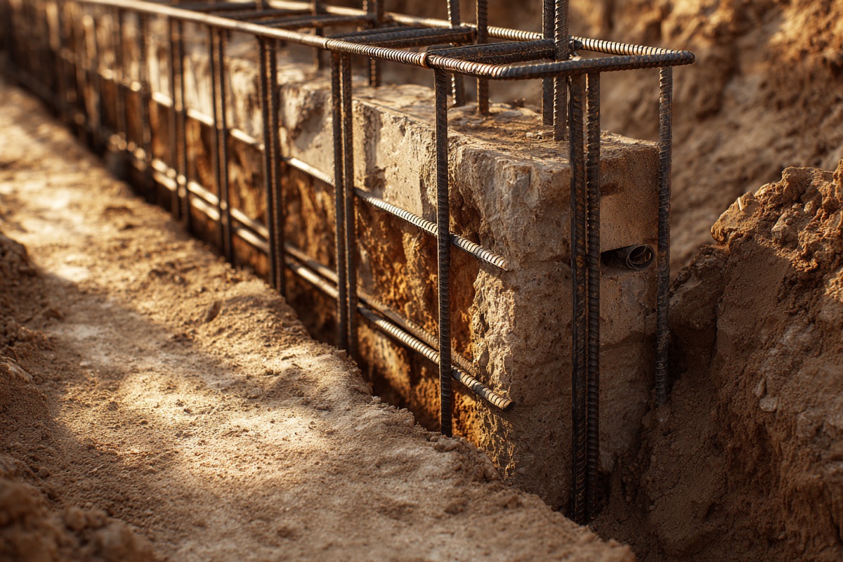 Streifenfundament mit Bewehrungskorb in der Schalung