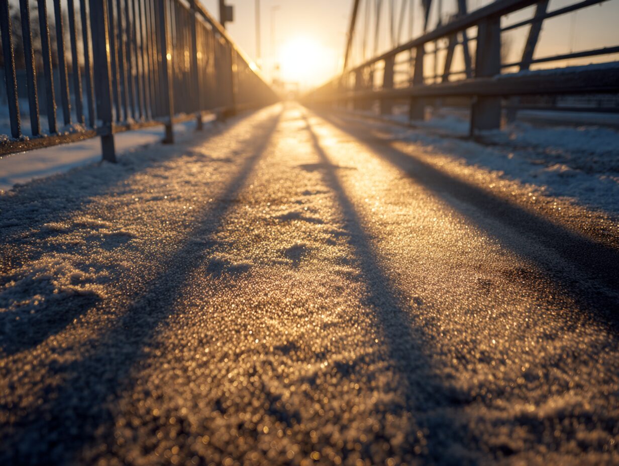 Verschneite Beton-Brücke im Wintersonnenlicht